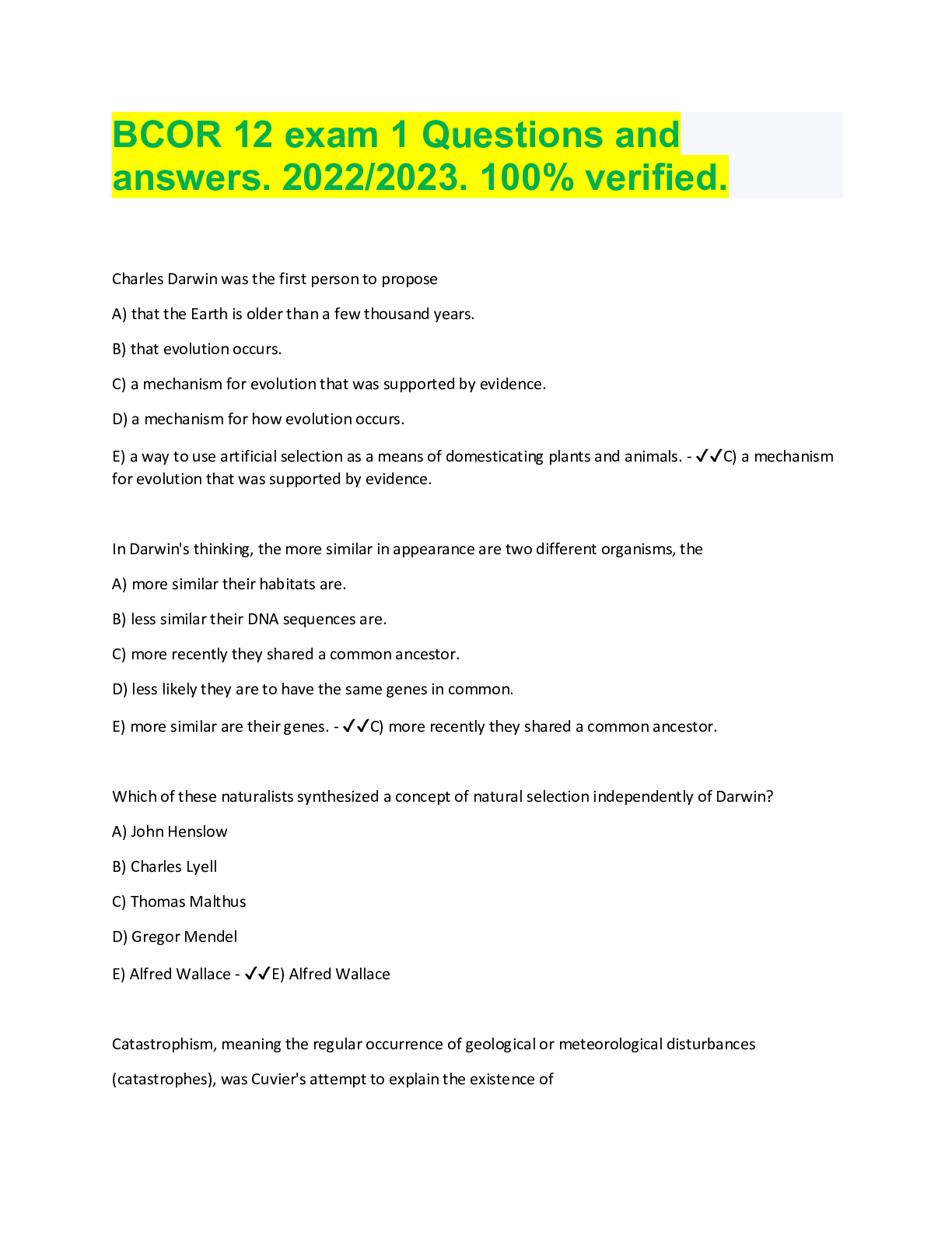 Preview image for BCOR 12 exam 1 Questions and answers. 2022/2023. 100% verified.